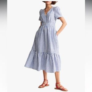 Yexpine Cotton Linen Blend V-neck Tiered Dress
